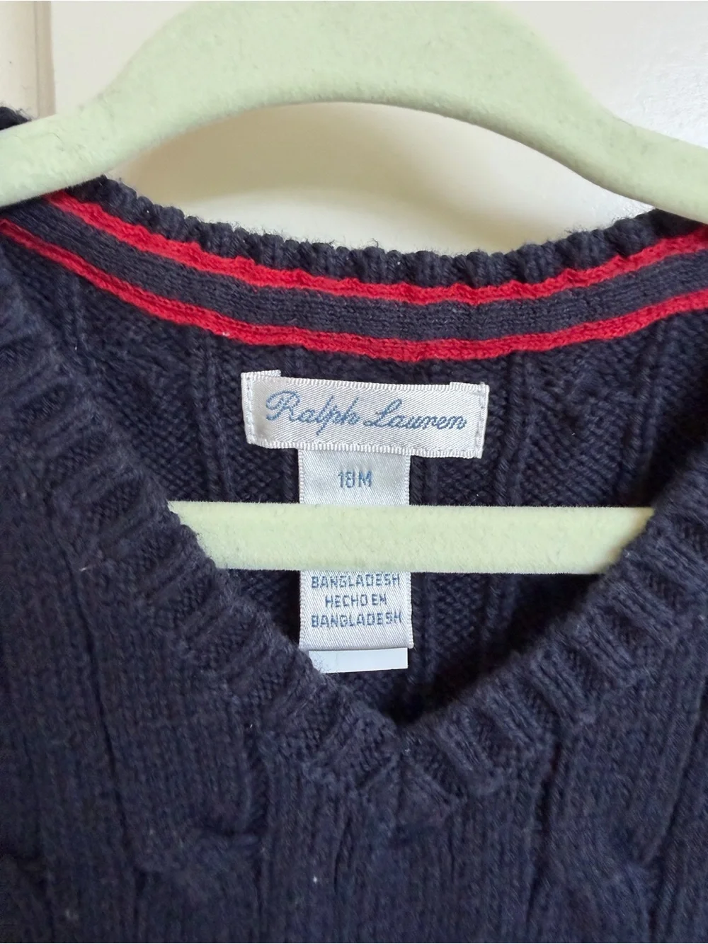 Ralph Lauren Navy Cable Knit V‑Neck Vest with Red logo
